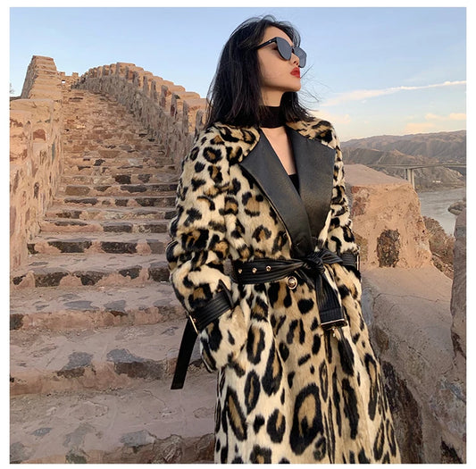 Women Leopard Print Faux Fur Trench Coat