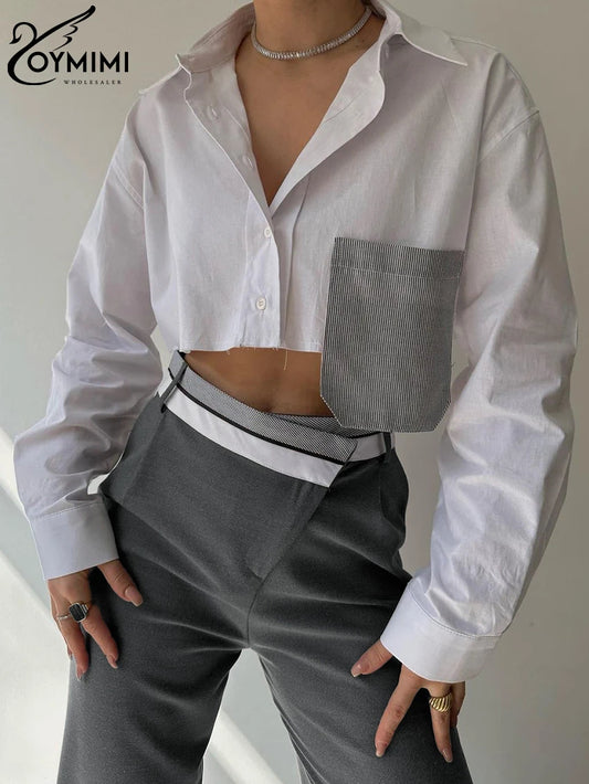 Women Long Sleeve Crop Shirt + High Waist Pants Set