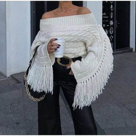 Women Off Shoulder Cable Knit Fringe Sweater