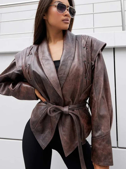 Women Faux Leather Oversized Belted Jacket